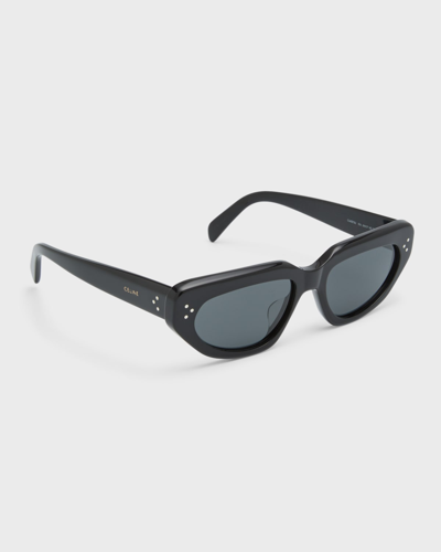 Shop Celine Men's 3-dot Acetate Cat-eye Sunglasses In Shiny Black/smoke