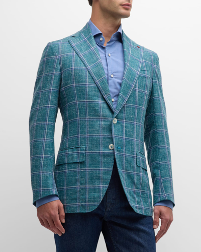 Shop Isaia Men's Windowpane Wool-blend Sport Coat In Turquoise