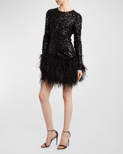 Shop Dolce & Gabbana Sequin Long-sleeve Mini Dress With Ostrich Feather Trim In Black