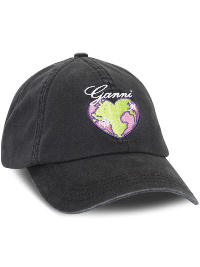 Shop Ganni Black Graphic-embroidered Baseball Cap