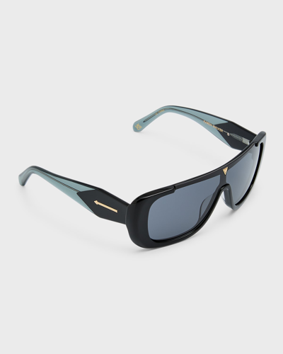 Shop Karen Walker Logo Acetate Shield Sunglasses In Black
