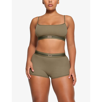 Skims Womens Army Logo-patch Ribbed Stretch-cotton Bra In Army
