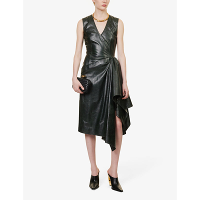 Shop Bottega Veneta Womens Forest V-neck Sleeveless Leather Midi Dress