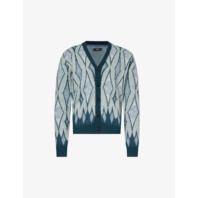 Shop Amiri Men's Blue Argyle-pattern V-neck Wool-blend Cardigan