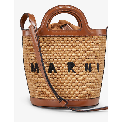 Marni Light Brown Woven Fabric And Leather Bag With Circular Handles In Raw Sienna