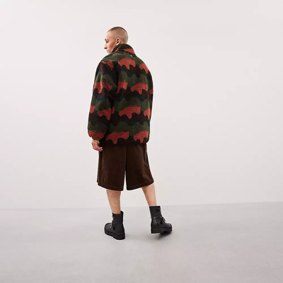 Coach Topia Loop Fleece Jacket With Wavy Print In Deep Orange/black Multi