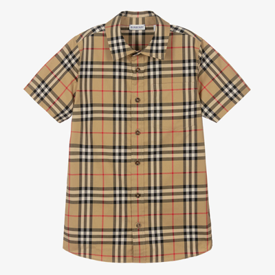 Shop Burberry Teen Boys Beige Vintage Check Cotton Shirt