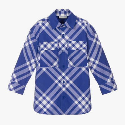 Shop Burberry Boys Blue Check Cotton Shirt