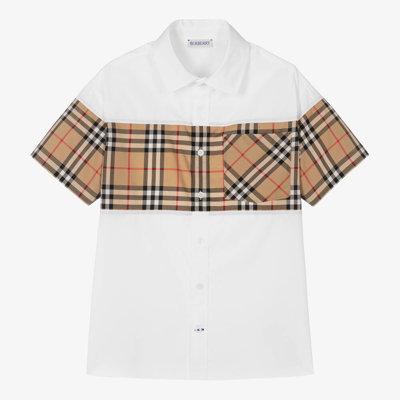 Shop Burberry Teen Boys White & Beige Cotton Shirt