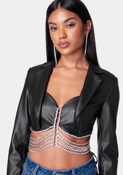 Bebe Vegan Leather Embellished Tailored Jacket In Black
