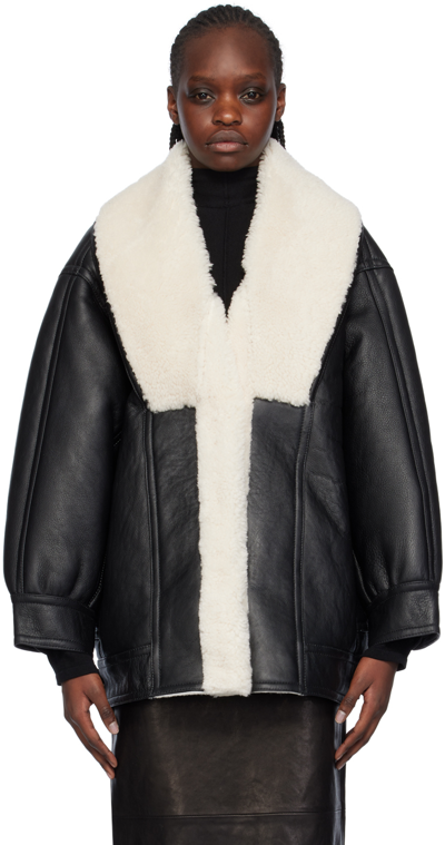 Shop Victoria Beckham Black Shawl Shearling Coat In White/black 563
