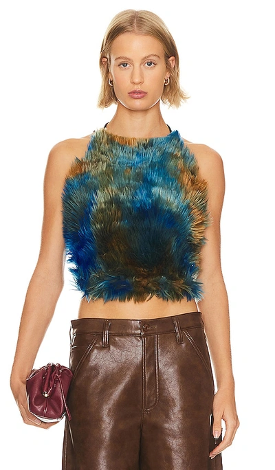 Shop Adrienne Landau Turquoise Faux Fur Halter Top In Teal