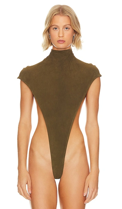 Shop Laquan Smith Mock Neck High Cut Bodysuit In Olive