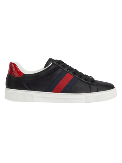 Shop Gucci Men's Ace Leather Web Low-top Sneakers In Black Hibiscus Red
