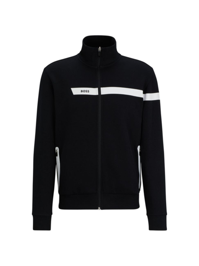 Shop Hugo Boss Men's Cotton-blend Zip-up Sweatshirt With Graphic Logo Stripe In Black