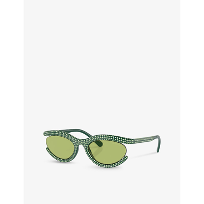 Shop Swarovski Women's Green Sk6006 Crystal-embellished Oval-frame Metal Sunglasses