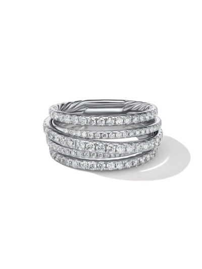 Shop David Yurman Women's Pavé Crossover Ring In 18k White Gold In Silver