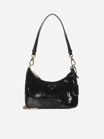 Shop Prada Re-edition Sequined Re-nylon Mini Bag In Black