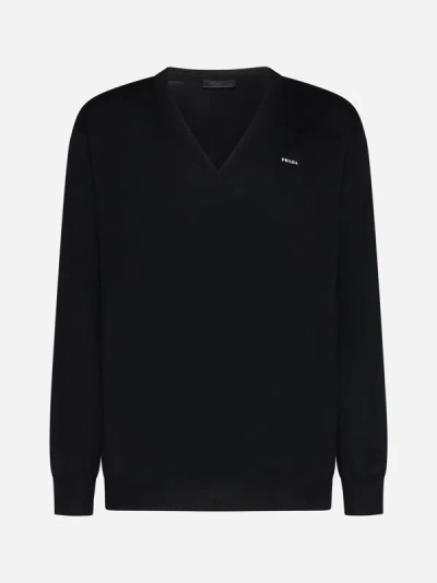 Shop Prada Logo Cotton Sweater In Black