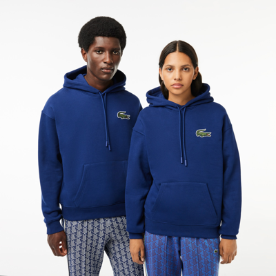 Shop Lacoste Unisex Loose Fit Organic Cotton Hoodie In Blue