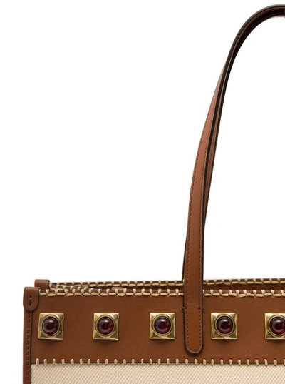 Etro Crown Me White And Brown Shopping Bag With Square Studs In Canvas Woman In Neutrals