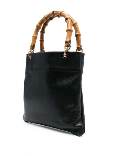 Shop Jil Sander Small Black Tote Bag With Bamboo Handles In Leather