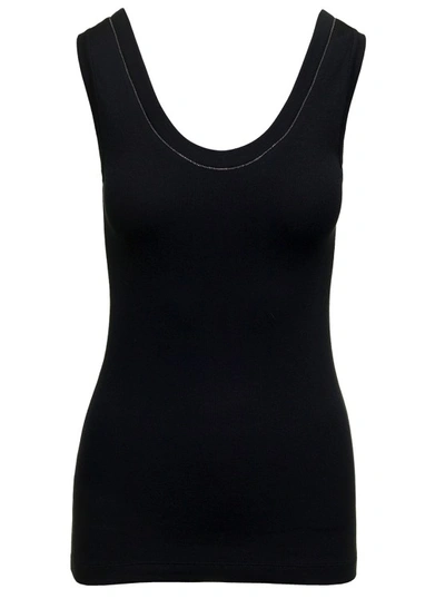 Shop Brunello Cucinelli Black Ribbed Tank Top With Monile Detail In Stretch Cotton