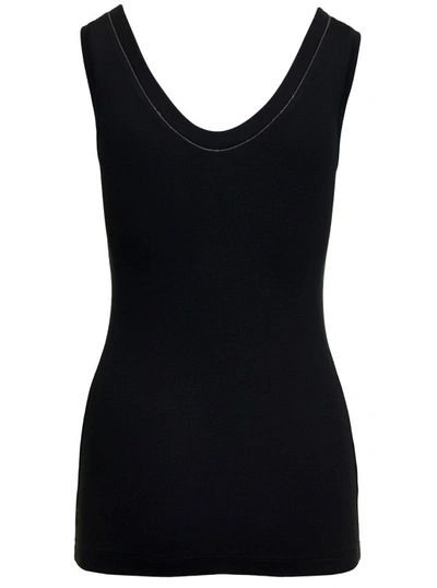 Shop Brunello Cucinelli Black Ribbed Tank Top With Monile Detail In Stretch Cotton