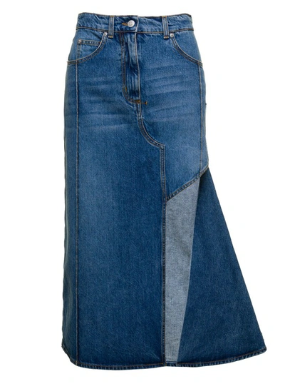 Shop Alexander Mcqueen Midi Light Blue Skirt With Wide Front Split In Cotton Denim In Green