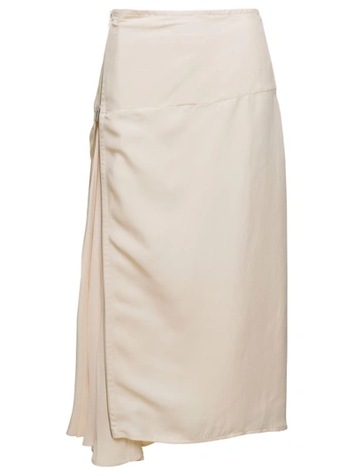 Shop Jil Sander Asymmetric Midi White Skirt With Zip Detail In Silk Blend In Neutrals