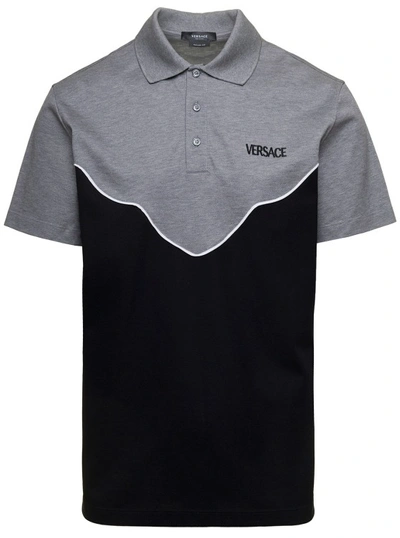 Shop Versace Bicolor Polo With Embroidered Logo In Black And Grey Cotton