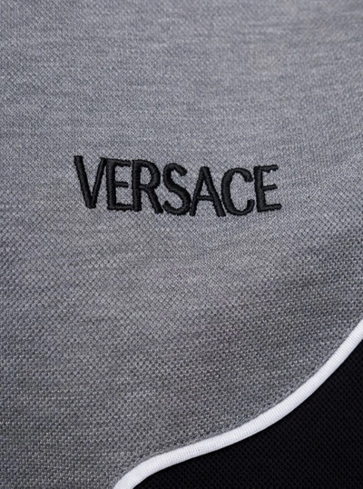 Shop Versace Bicolor Polo With Embroidered Logo In Black And Grey Cotton