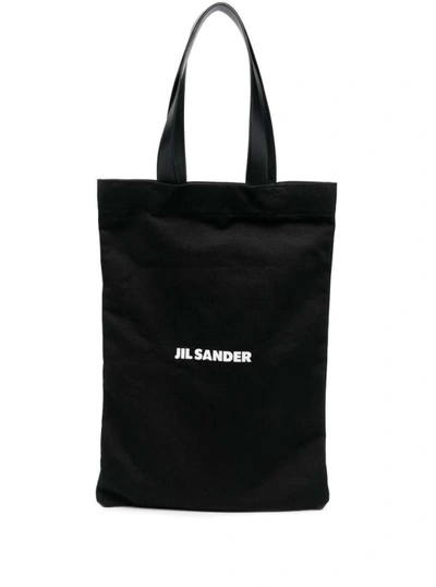 Shop Jil Sander Black Tote Bag With Logo Print In Canvas