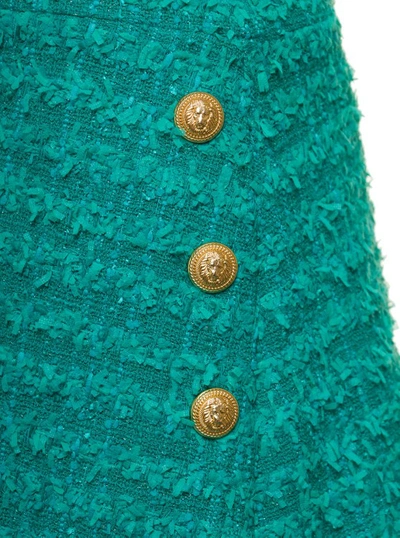 Shop Balmain Green Shorts High Waist With Pinces And Fringed Hem In Tweed In Blue