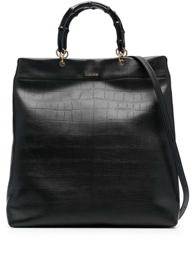 Shop Jil Sander Black Croco Embossed Tote Bag With Bamboo Handles In Leather