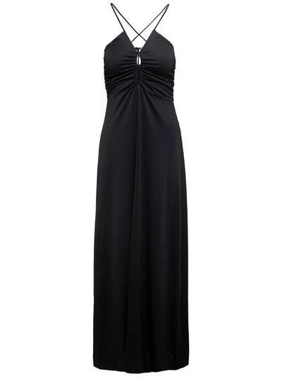 Shop Ganni Maxi Black Dress With Drawstring And Criss-cross Straps In Jersey