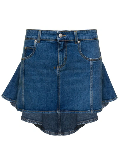 Shop Alexander Mcqueen Blue Mini-skirt With Pleated Detail At The Back In Stretch Cotton Denim