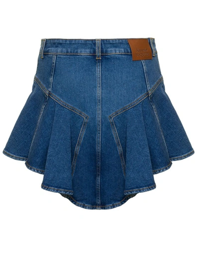 Shop Alexander Mcqueen Blue Mini-skirt With Pleated Detail At The Back In Stretch Cotton Denim