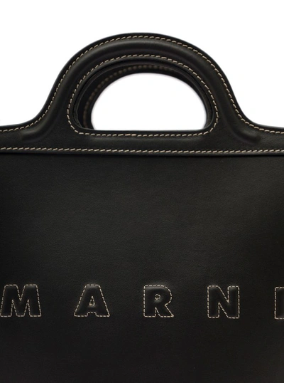 Shop Marni Tropicalia Small' Black Handbag With Embossed Logo And Contrasting Stitch In Leather