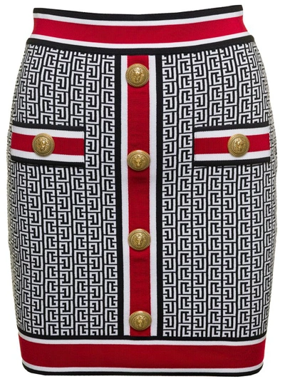 Shop Balmain Multicolour Knitted Mini Skirt With 'monogram' Detail In Viscose In Grey