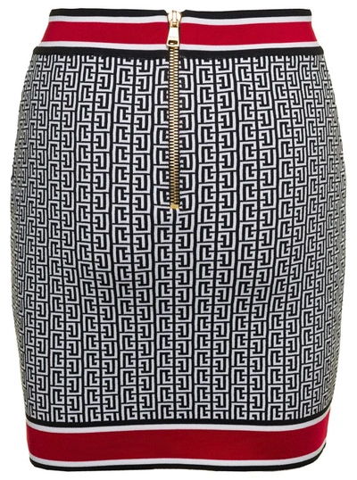 Shop Balmain Multicolour Knitted Mini Skirt With 'monogram' Detail In Viscose In Grey