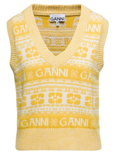 Shop Ganni Yellow Vest With Jacquard Logo Motif In Wool Blend In Brown