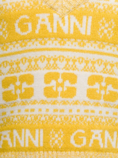 Shop Ganni Yellow Vest With Jacquard Logo Motif In Wool Blend In Brown