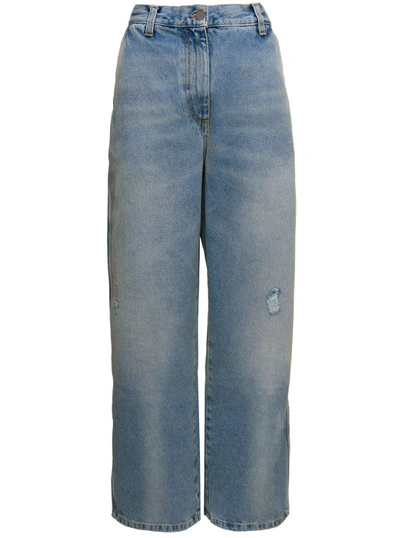 Shop Palm Angels Blue 'paris' Ripped Jeans With Wide Leg In Cotton Denim