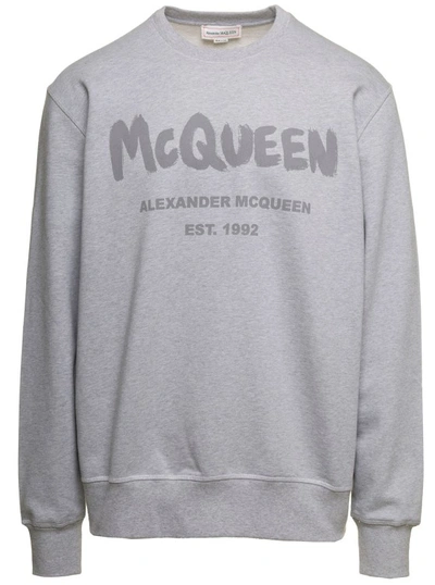 Shop Alexander Mcqueen Grey Sweatshirt With Contrasting Graffiti Logo Print In Cotton In White