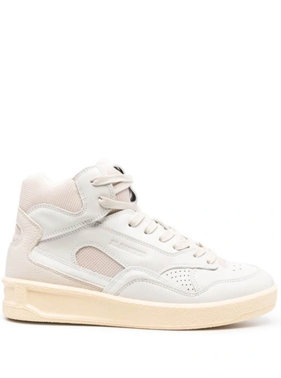 Shop Jil Sander Beige High-top Sneakers With Leather Inserts And Embossed Logo In Canvas In White