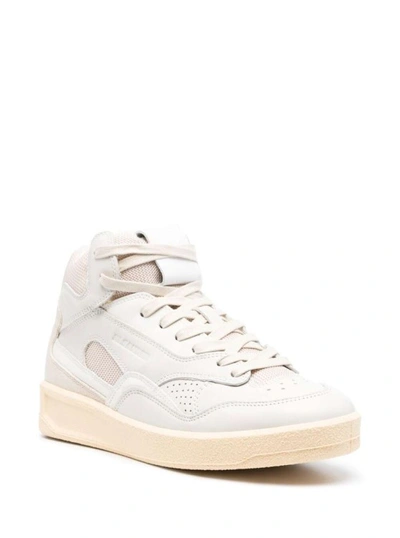 Shop Jil Sander Beige High-top Sneakers With Leather Inserts And Embossed Logo In Canvas In White