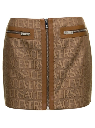 Shop Versace Brown Mini -skirt With All-over Logo Lettering Print In Canvas