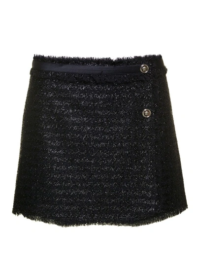 Shop Versace Black Mini Lurex Skirt With Silver-tone Hardware In Wool Blend