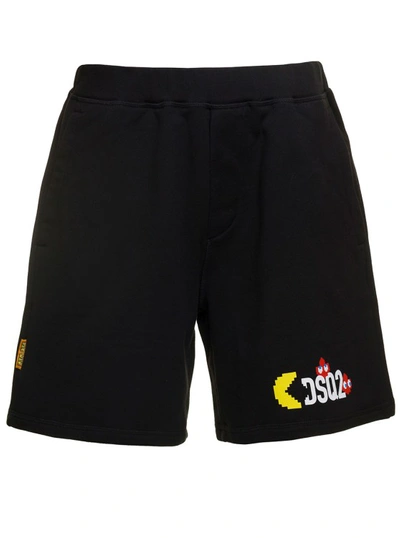 Shop Dsquared2 Black Shorts With Logo X Pacman Print In Cotton
